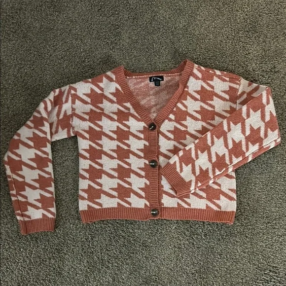 Women's Houndstooth Cardigan Sweater - Rust and Cream - Picture 2 of 7